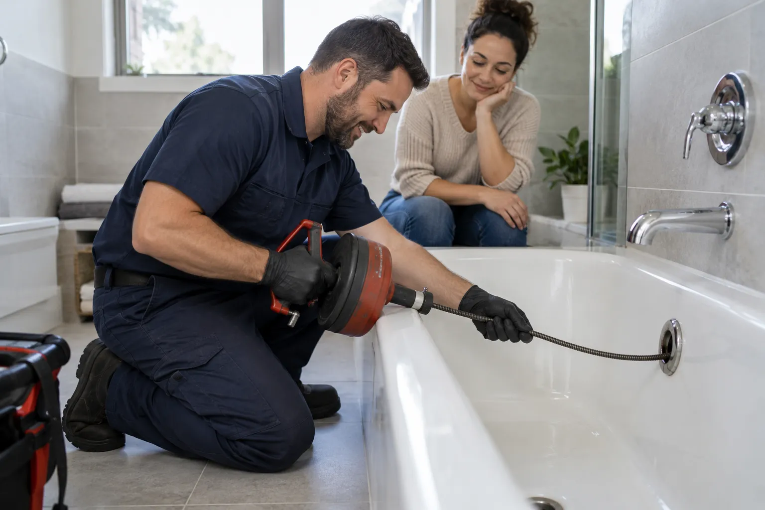 A provider checking a bathroom drain while a family goes about its day